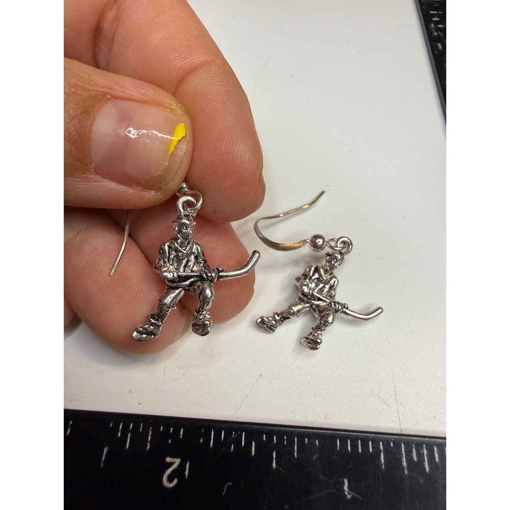 Silver Tone Ice Hockey Player Dangle Earrings Sports Novelty Jewelry